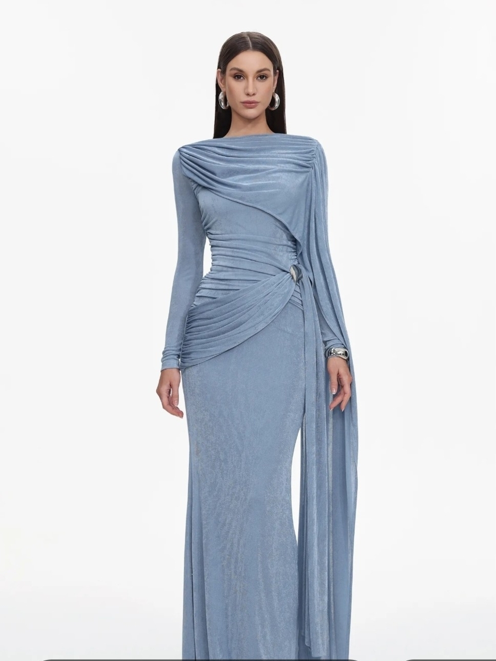 Women's Long Sleeve Draped Light Blue Evening Gown